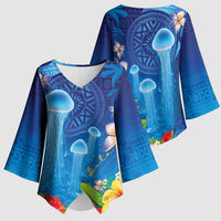 Fiji Jellyfish Kimono Sleeve Blouse Tapa Patterns and Hibiscus Sea Vibe