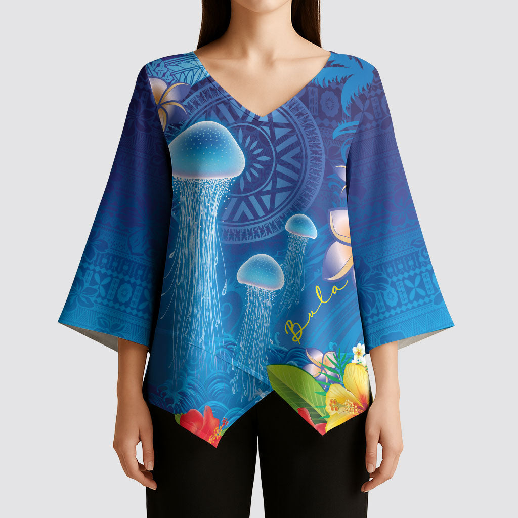 Fiji Jellyfish Kimono Sleeve Blouse Tapa Patterns and Hibiscus Sea Vibe