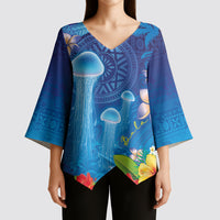 Fiji Jellyfish Kimono Sleeve Blouse Tapa Patterns and Hibiscus Sea Vibe