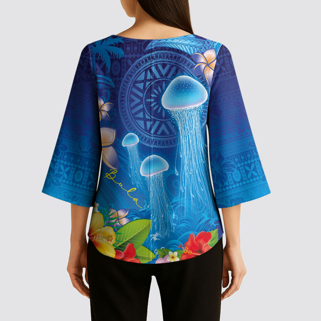 Fiji Jellyfish Kimono Sleeve Blouse Tapa Patterns and Hibiscus Sea Vibe