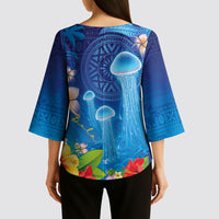 Fiji Jellyfish Kimono Sleeve Blouse Tapa Patterns and Hibiscus Sea Vibe