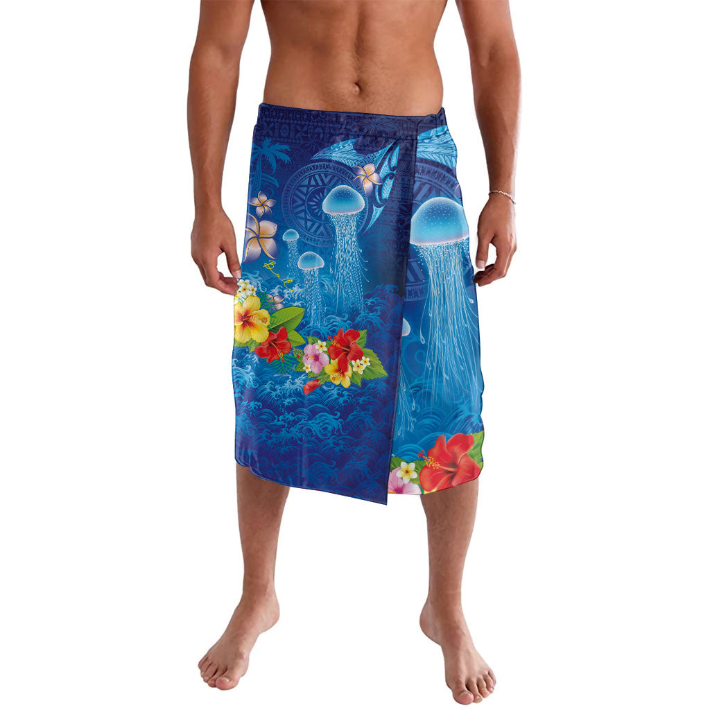 Fiji Jellyfish Lavalava Tapa Patterns and Hibiscus Sea Vibe LT03 Blue - Polynesian Pride