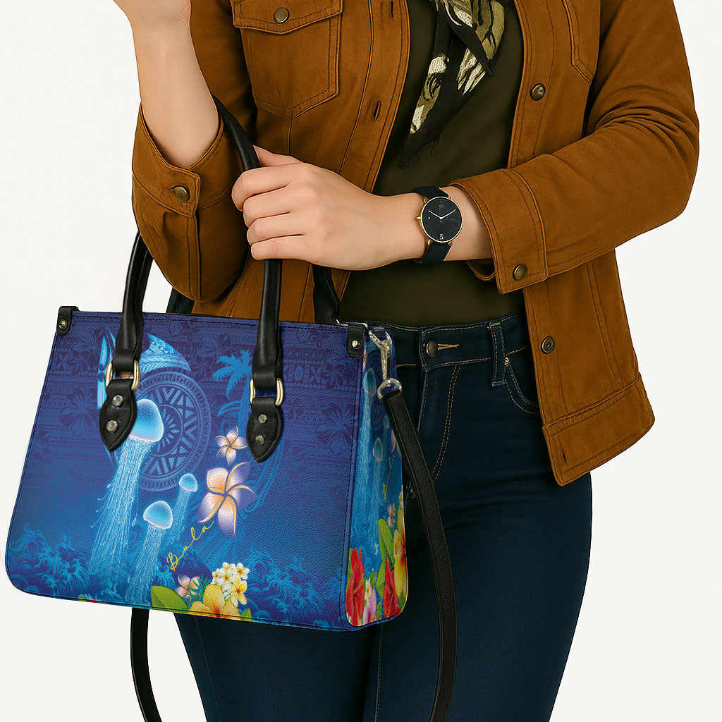 Fiji Jellyfish Leather Bag Tapa Patterns and Hibiscus Sea Vibe LT03 - Polynesian Pride