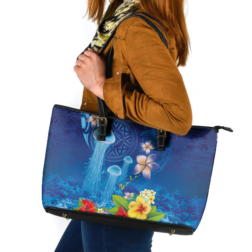 Fiji Jellyfish Leather Tote Bag Tapa Patterns and Hibiscus Sea Vibe LT03 Blue - Polynesian Pride