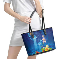 Fiji Jellyfish Leather Tote Bag Tapa Patterns and Hibiscus Sea Vibe LT03 - Polynesian Pride