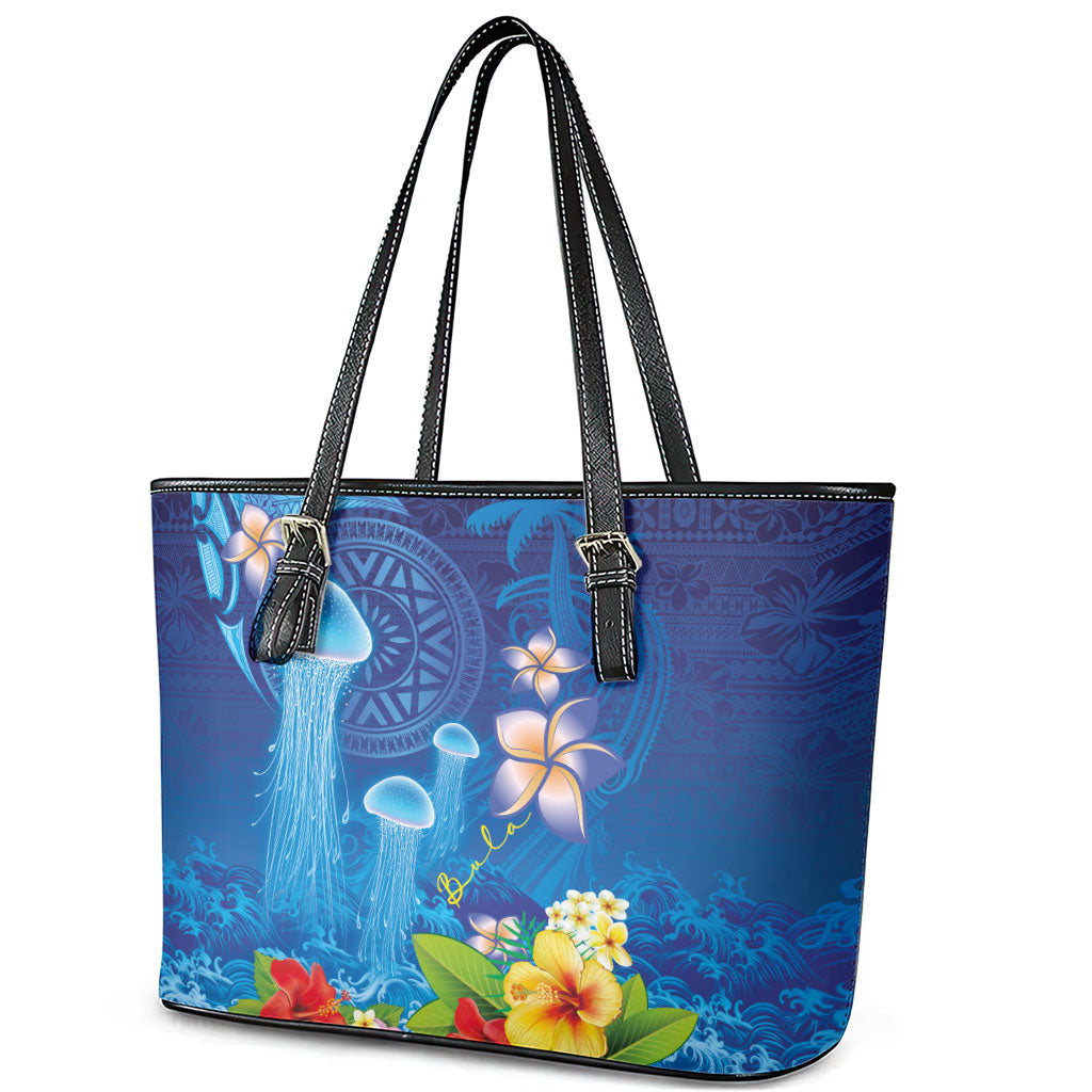 Fiji Jellyfish Leather Tote Bag Tapa Patterns and Hibiscus Sea Vibe LT03 - Polynesian Pride