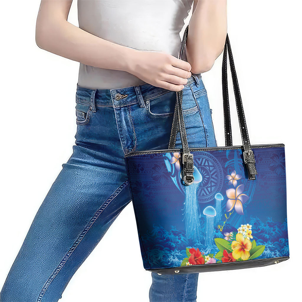 Fiji Jellyfish Leather Tote Bag Tapa Patterns and Hibiscus Sea Vibe LT03 - Polynesian Pride