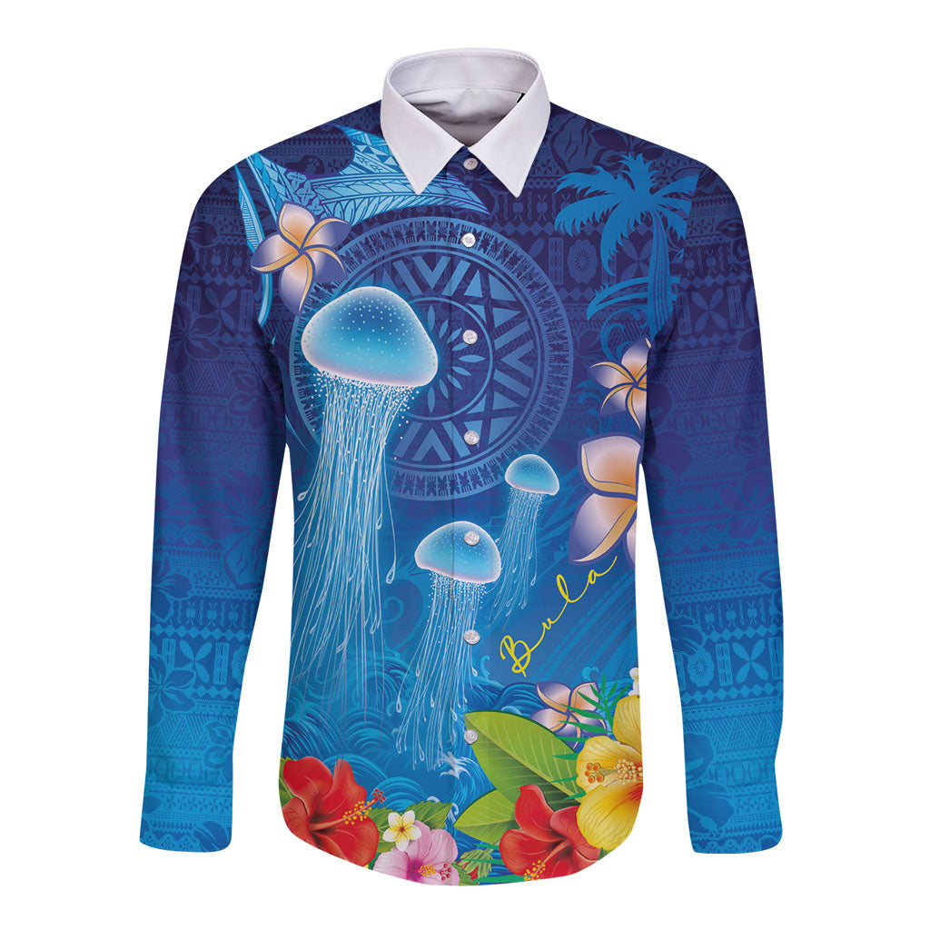 Fiji Jellyfish Long Sleeve Button Shirt Tapa Patterns and Hibiscus Sea Vibe LT03 Unisex Blue - Polynesian Pride