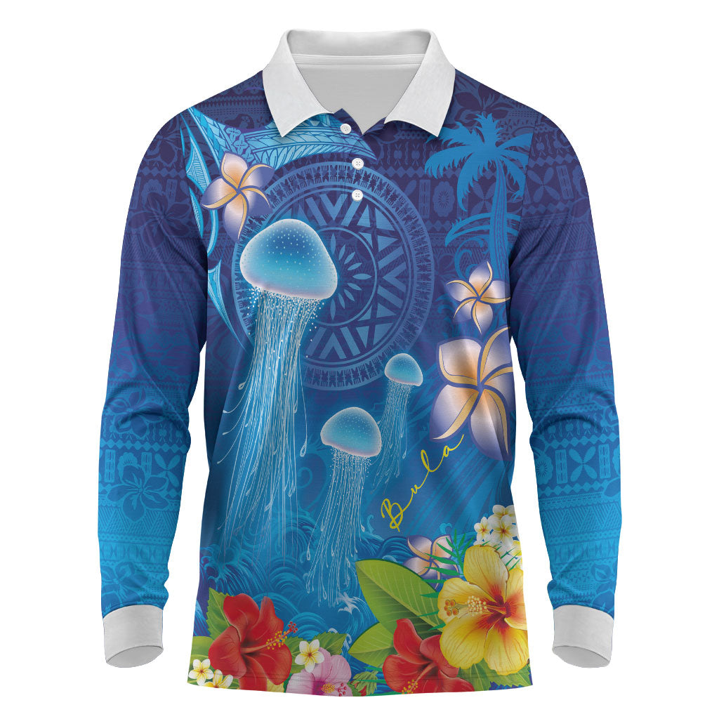 Fiji Jellyfish Long Sleeve Polo Shirt Tapa Patterns and Hibiscus Sea Vibe LT03 Blue - Polynesian Pride