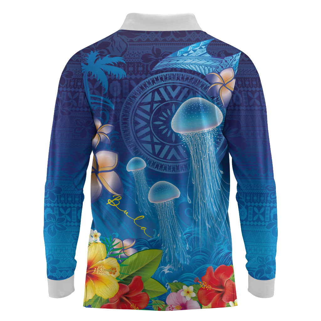 Fiji Jellyfish Long Sleeve Polo Shirt Tapa Patterns and Hibiscus Sea Vibe LT03 - Polynesian Pride