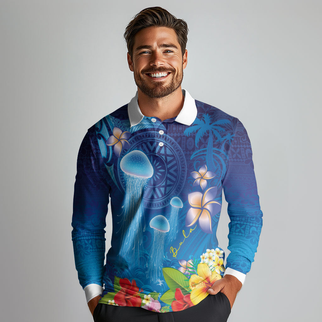 Fiji Jellyfish Long Sleeve Polo Shirt Tapa Patterns and Hibiscus Sea Vibe LT03 - Polynesian Pride