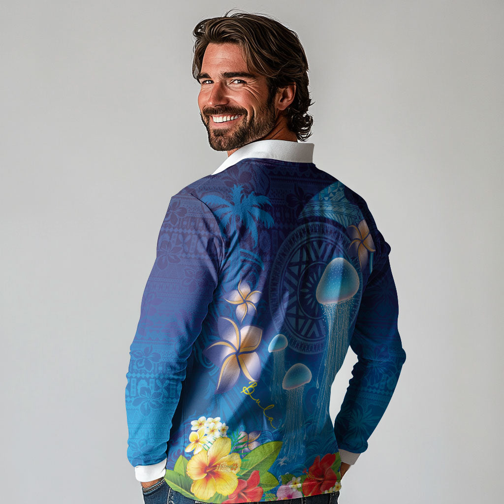Fiji Jellyfish Long Sleeve Polo Shirt Tapa Patterns and Hibiscus Sea Vibe LT03 - Polynesian Pride