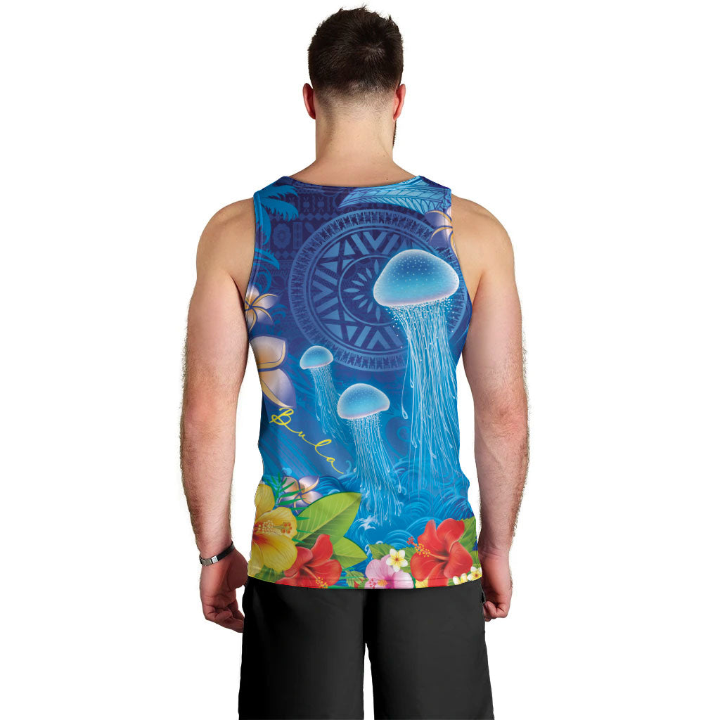 Fiji Jellyfish Men Tank Top Tapa Patterns and Hibiscus Sea Vibe