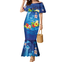 Fiji Jellyfish Mermaid Dress Tapa Patterns and Hibiscus Sea Vibe LT03 Women Blue - Polynesian Pride