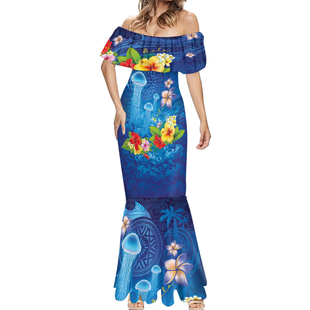 Fiji Jellyfish Mermaid Dress Tapa Patterns and Hibiscus Sea Vibe LT03 - Polynesian Pride