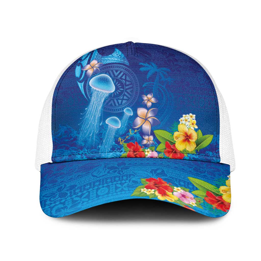 Fiji Jellyfish Mesh Trucker Cap Tapa Patterns and Hibiscus Sea Vibe LT03 One Size White Blue - Polynesian Pride