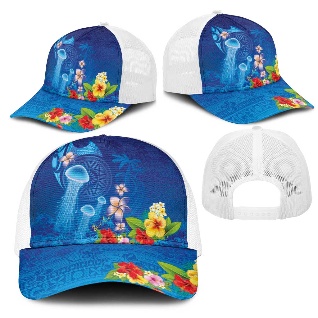 Fiji Jellyfish Mesh Trucker Cap Tapa Patterns and Hibiscus Sea Vibe LT03 - Polynesian Pride