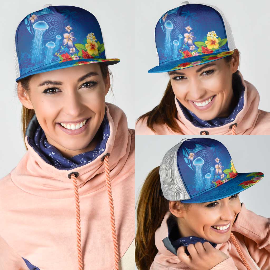 Fiji Jellyfish Mesh Trucker Cap Tapa Patterns and Hibiscus Sea Vibe LT03 - Polynesian Pride