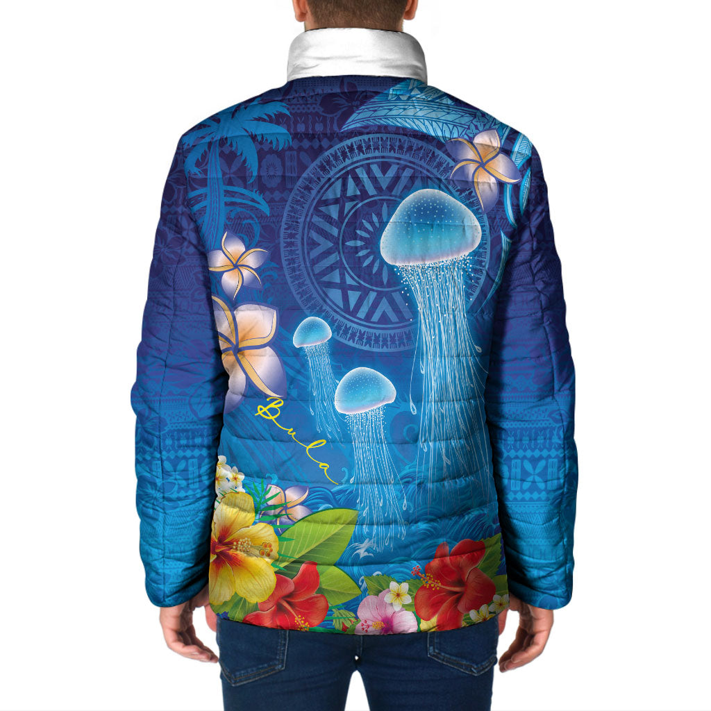 Fiji Jellyfish Padded Jacket Tapa Patterns and Hibiscus Sea Vibe