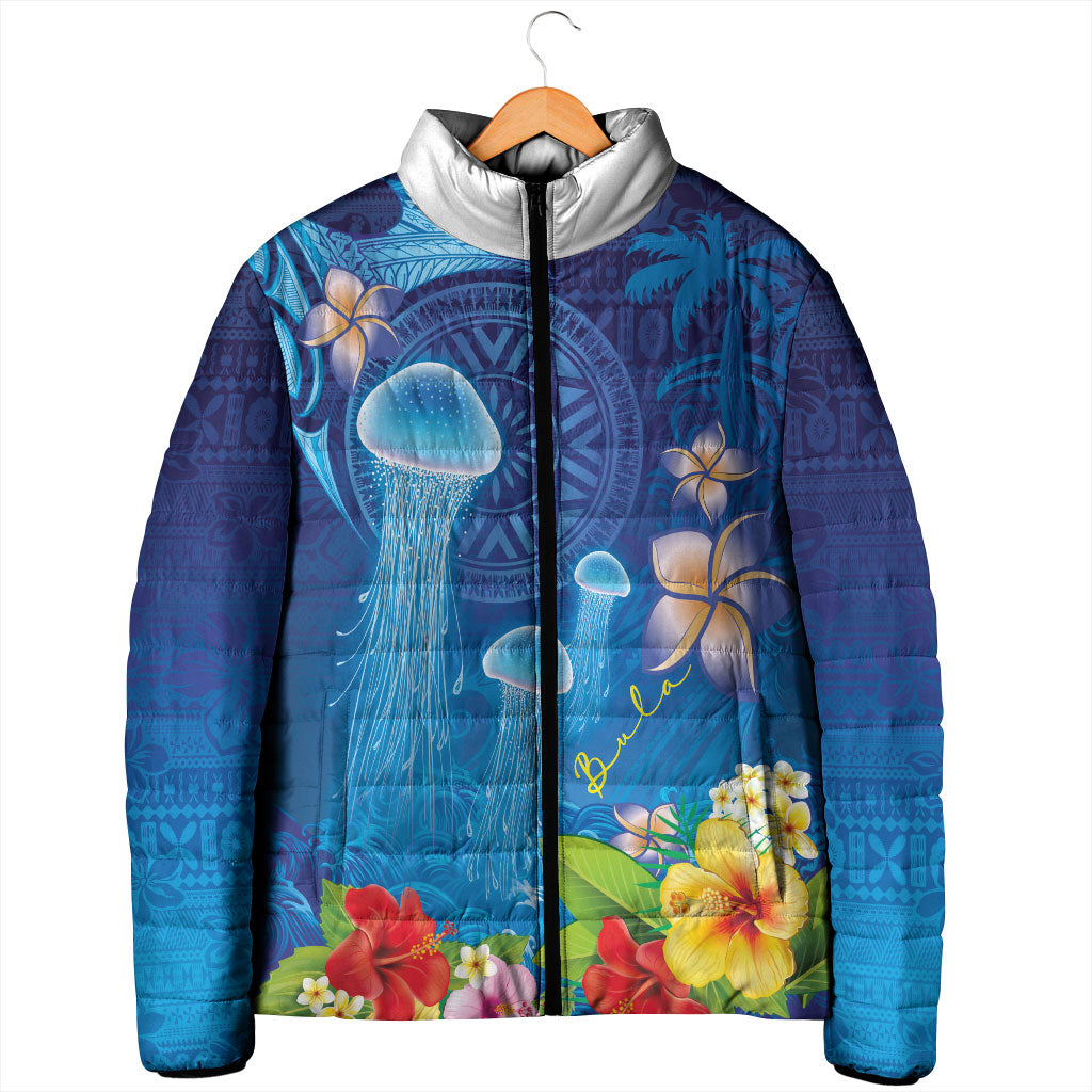 Fiji Jellyfish Padded Jacket Tapa Patterns and Hibiscus Sea Vibe