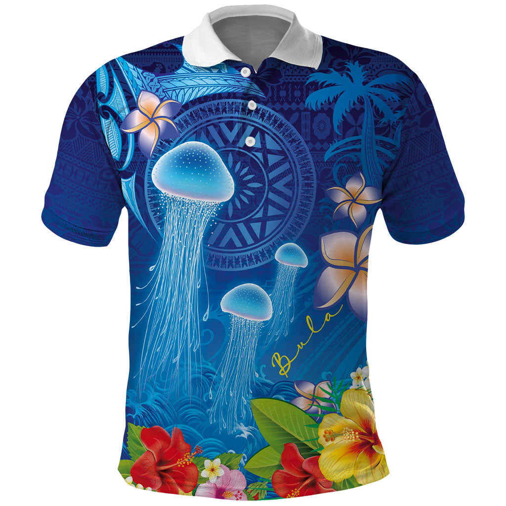 Fiji Jellyfish Polo Shirt Tapa Patterns and Hibiscus Sea Vibe LT03 Blue - Polynesian Pride