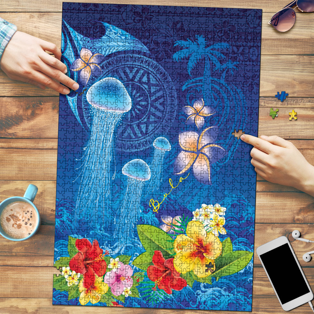 Fiji Jellyfish Puzzle Tapa Patterns and Hibiscus Sea Vibe LT03 Blue - Polynesian Pride