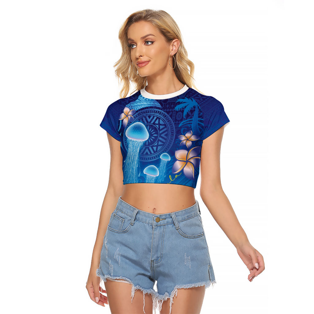 Fiji Jellyfish Raglan Cropped T Shirt Tapa Patterns and Hibiscus Sea Vibe LT03 Female Blue - Polynesian Pride