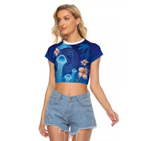 Fiji Jellyfish Raglan Cropped T Shirt Tapa Patterns and Hibiscus Sea Vibe LT03 Female Blue - Polynesian Pride