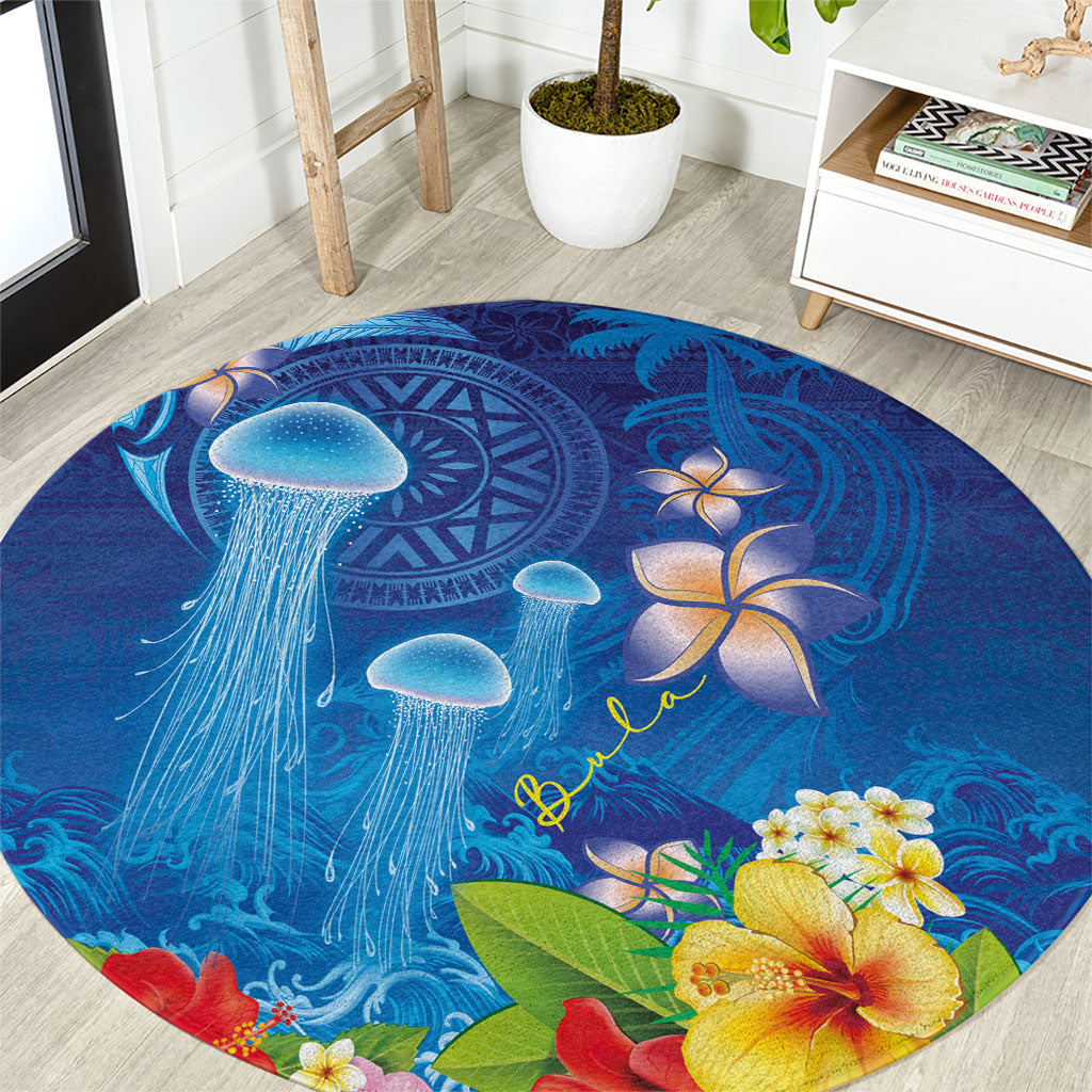 Fiji Jellyfish Round Carpet Tapa Patterns and Hibiscus Sea Vibe