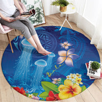 Fiji Jellyfish Round Carpet Tapa Patterns and Hibiscus Sea Vibe LT03 - Polynesian Pride
