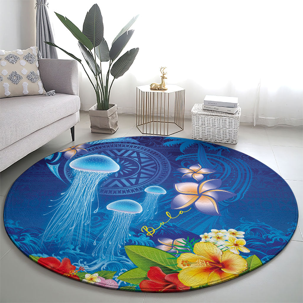 Fiji Jellyfish Round Carpet Tapa Patterns and Hibiscus Sea Vibe LT03 - Polynesian Pride