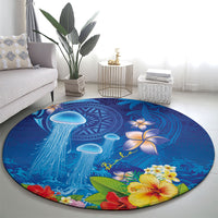 Fiji Jellyfish Round Carpet Tapa Patterns and Hibiscus Sea Vibe LT03 - Polynesian Pride