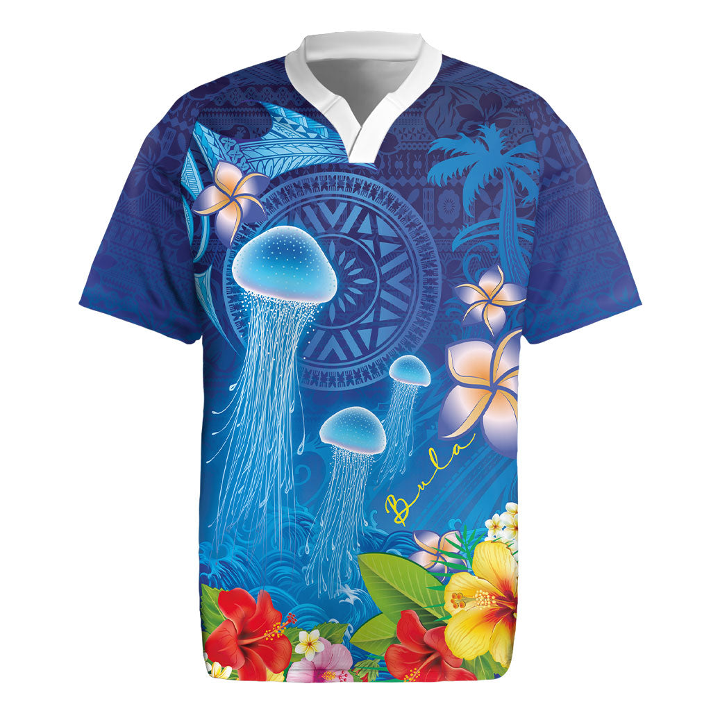 Fiji Jellyfish Rugby Jersey Tapa Patterns and Hibiscus Sea Vibe LT03 Blue - Polynesian Pride