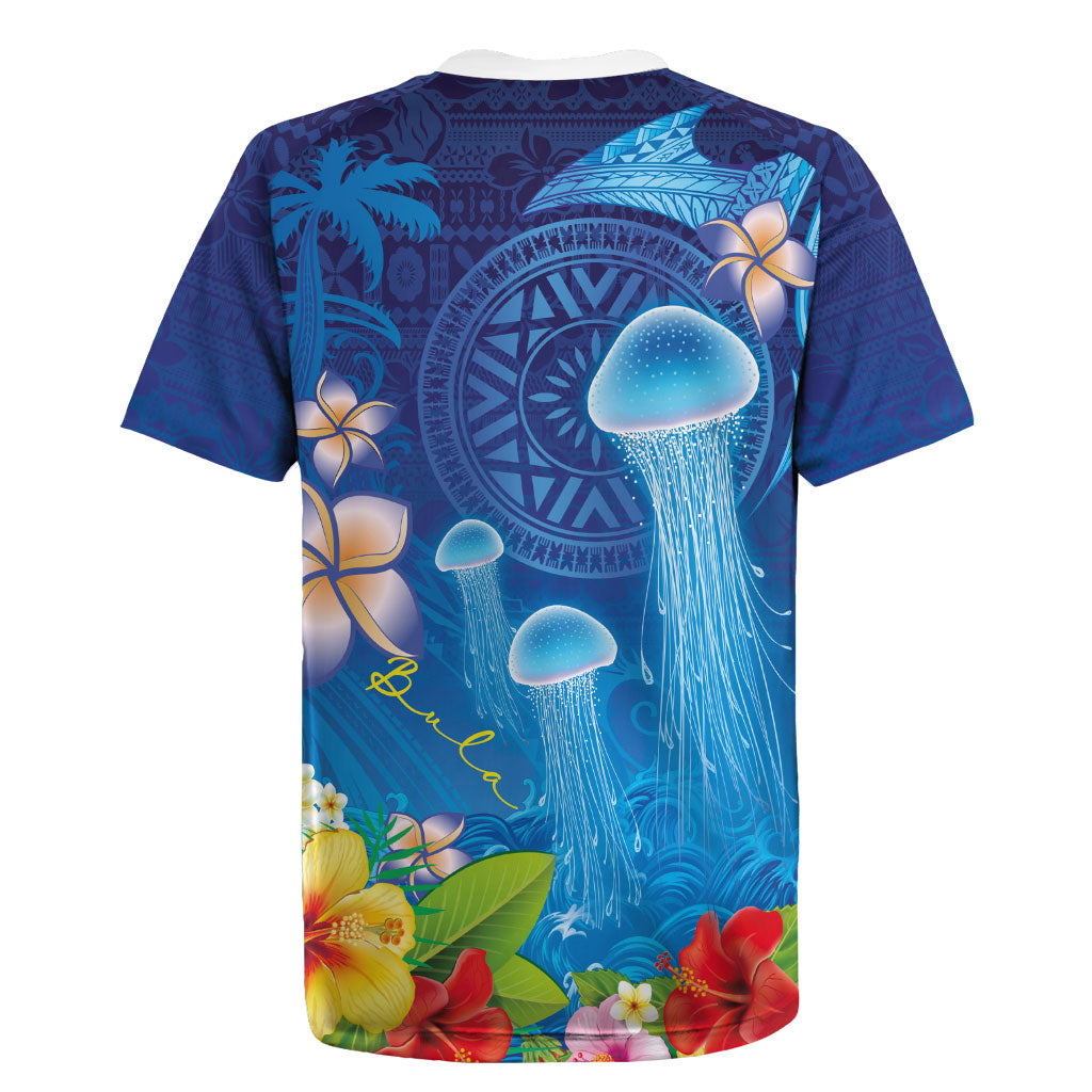 Fiji Jellyfish Rugby Jersey Tapa Patterns and Hibiscus Sea Vibe LT03 - Polynesian Pride