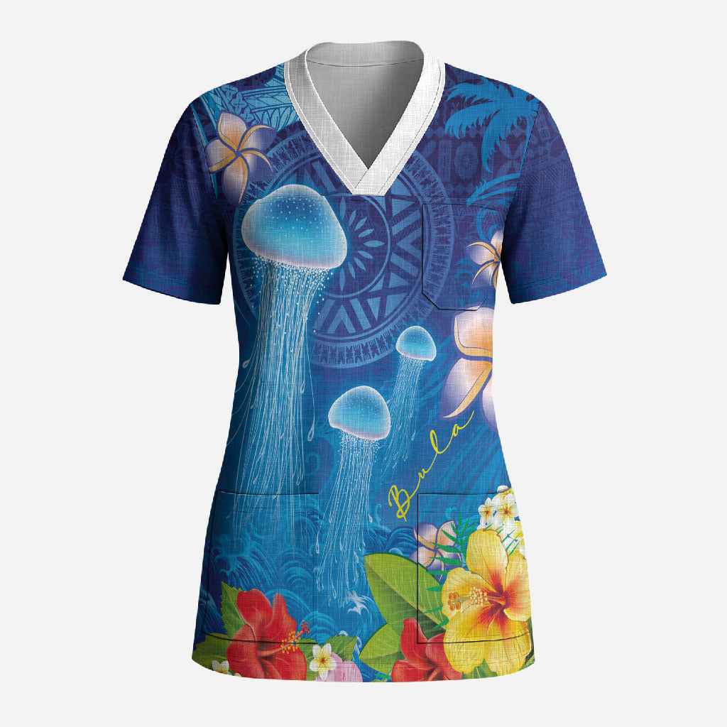 Fiji Jellyfish Scrub Top Tapa Patterns and Hibiscus Sea Vibe LT03 Adult Blue - Polynesian Pride