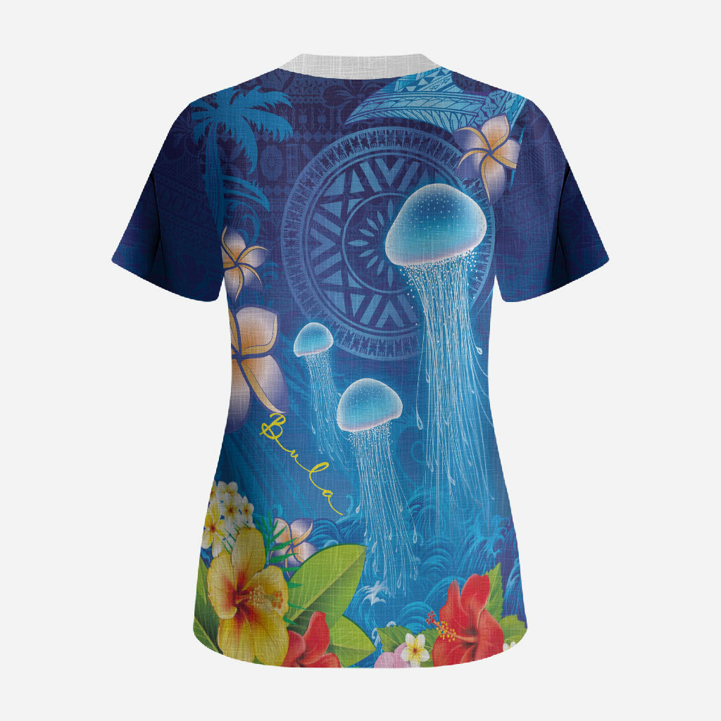 Fiji Jellyfish Scrub Top Tapa Patterns and Hibiscus Sea Vibe LT03 - Polynesian Pride