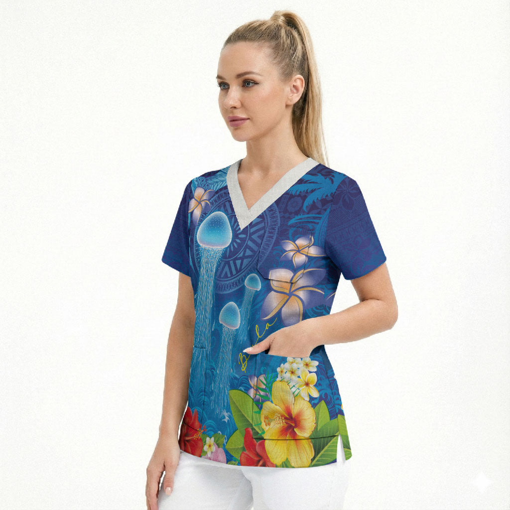 Fiji Jellyfish Scrub Top Tapa Patterns and Hibiscus Sea Vibe LT03 - Polynesian Pride