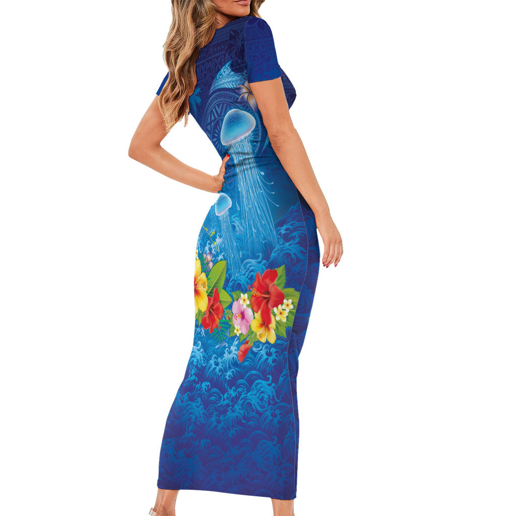 Fiji Jellyfish Short Sleeve Bodycon Dress Tapa Patterns and Hibiscus Sea Vibe LT03 - Polynesian Pride