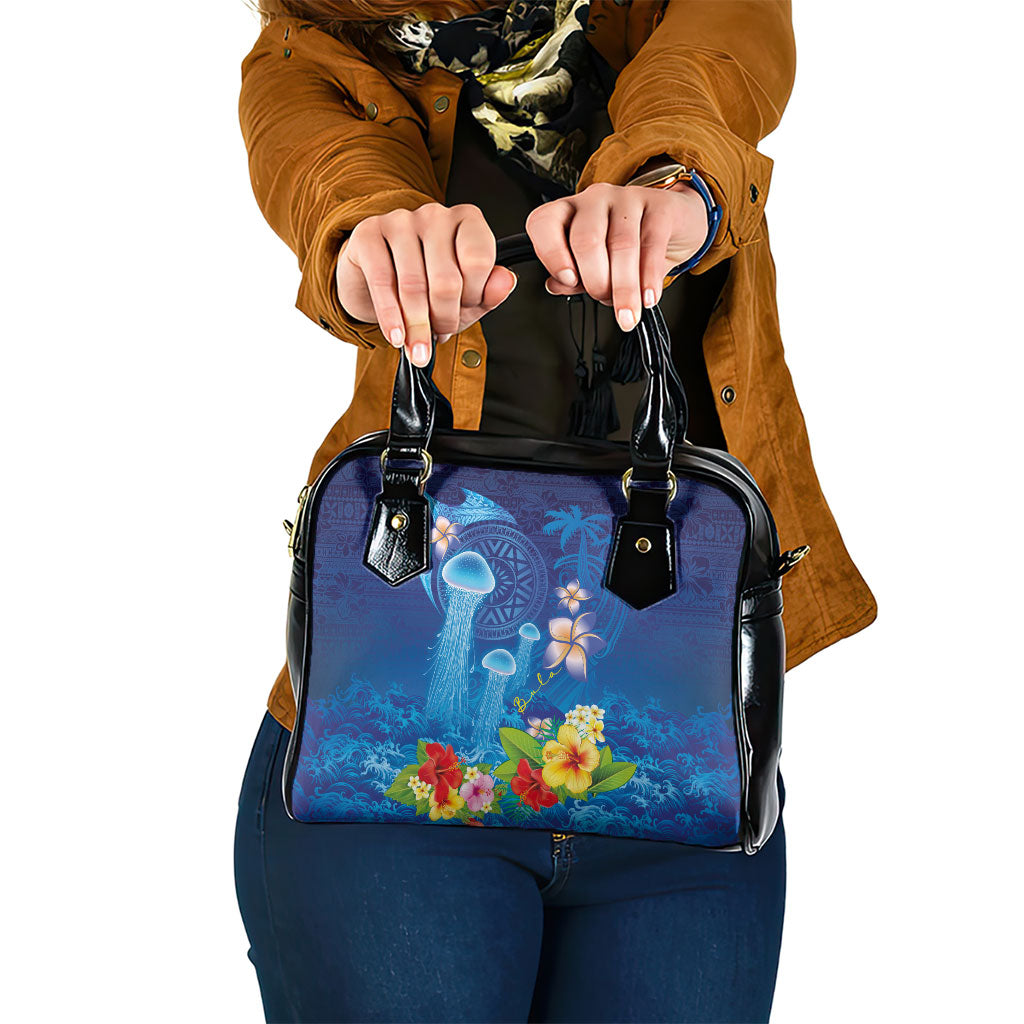 Fiji Jellyfish Shoulder Handbag Tapa Patterns and Hibiscus Sea Vibe LT03 One Size Blue - Polynesian Pride
