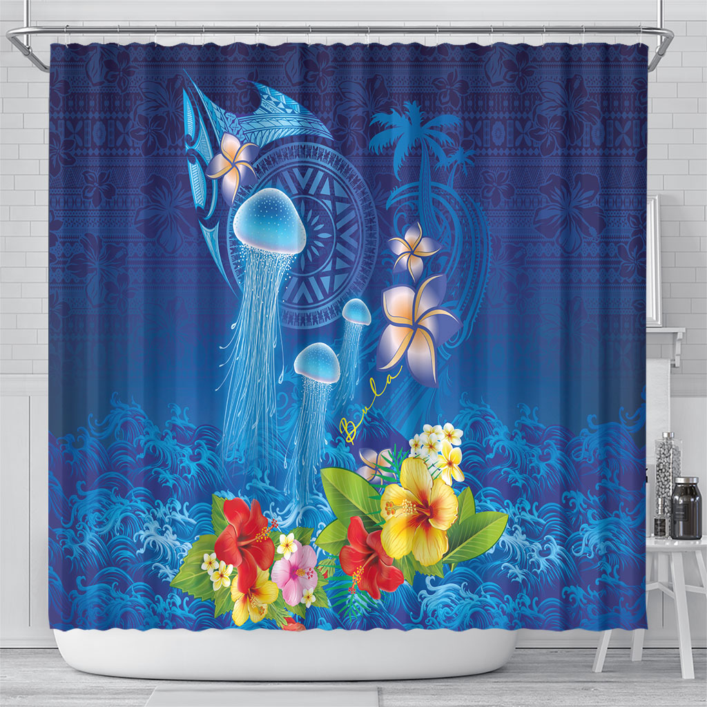 Fiji Jellyfish Shower Curtain Tapa Patterns and Hibiscus Sea Vibe LT03 - Polynesian Pride