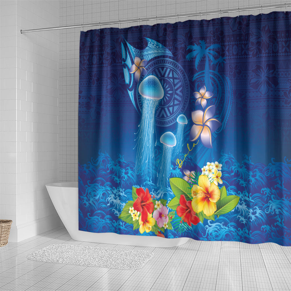 Fiji Jellyfish Shower Curtain Tapa Patterns and Hibiscus Sea Vibe LT03 - Polynesian Pride