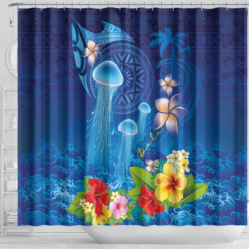 Fiji Jellyfish Shower Curtain Tapa Patterns and Hibiscus Sea Vibe LT03 - Polynesian Pride