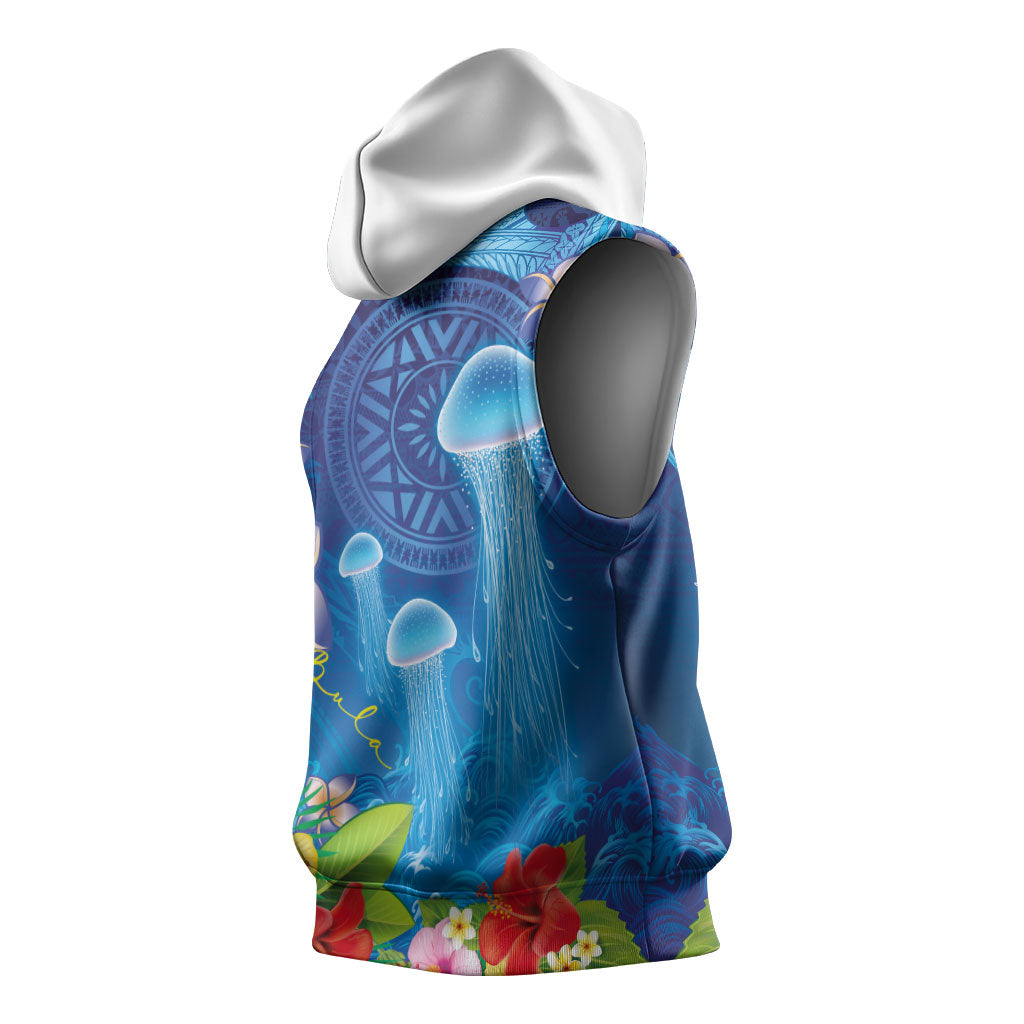 Fiji Jellyfish Sleeveless Hoodie Tapa Patterns and Hibiscus Sea Vibe LT03 - Polynesian Pride