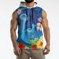 Fiji Jellyfish Sleeveless Hoodie Tapa Patterns and Hibiscus Sea Vibe LT03 - Polynesian Pride