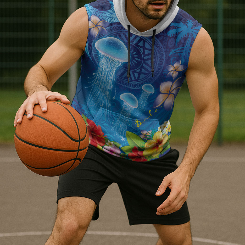 Fiji Jellyfish Sleeveless Hoodie Tapa Patterns and Hibiscus Sea Vibe LT03 - Polynesian Pride