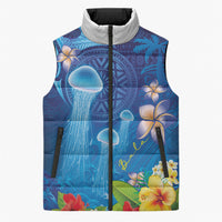 Fiji Jellyfish Sleeveless Puffer Jacket Tapa Patterns and Hibiscus Sea Vibe LT03 Unisex Blue - Polynesian Pride