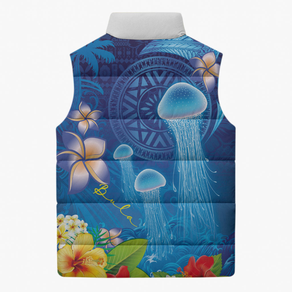Fiji Jellyfish Sleeveless Puffer Jacket Tapa Patterns and Hibiscus Sea Vibe LT03 - Polynesian Pride