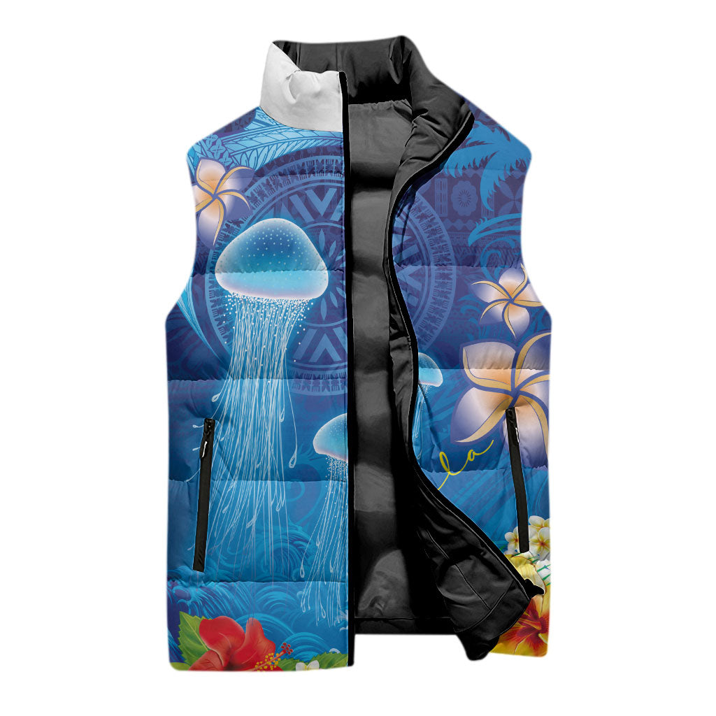 Fiji Jellyfish Sleeveless Puffer Jacket Tapa Patterns and Hibiscus Sea Vibe LT03 - Polynesian Pride
