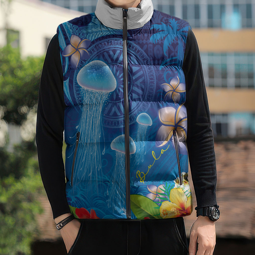 Fiji Jellyfish Sleeveless Puffer Jacket Tapa Patterns and Hibiscus Sea Vibe LT03 - Polynesian Pride
