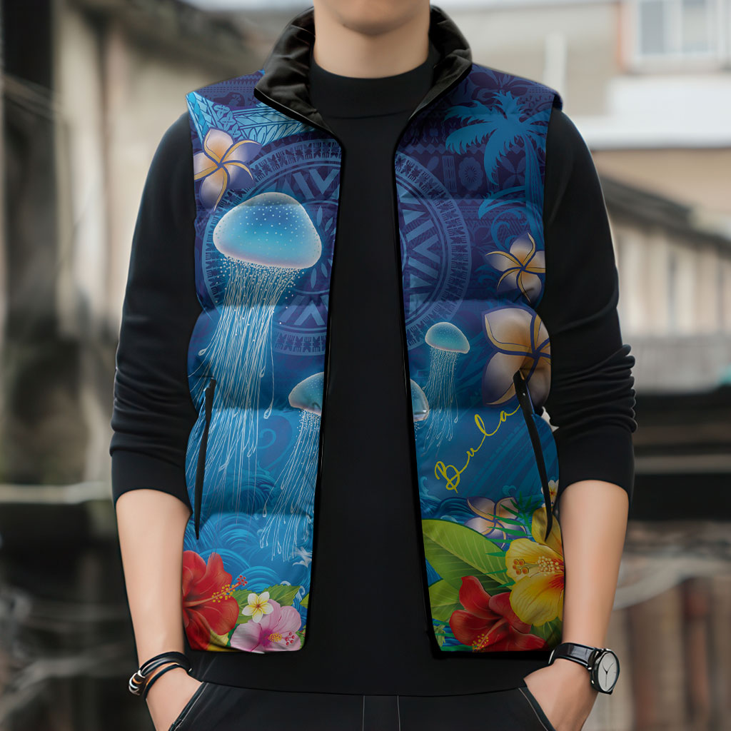 Fiji Jellyfish Sleeveless Puffer Jacket Tapa Patterns and Hibiscus Sea Vibe LT03 - Polynesian Pride